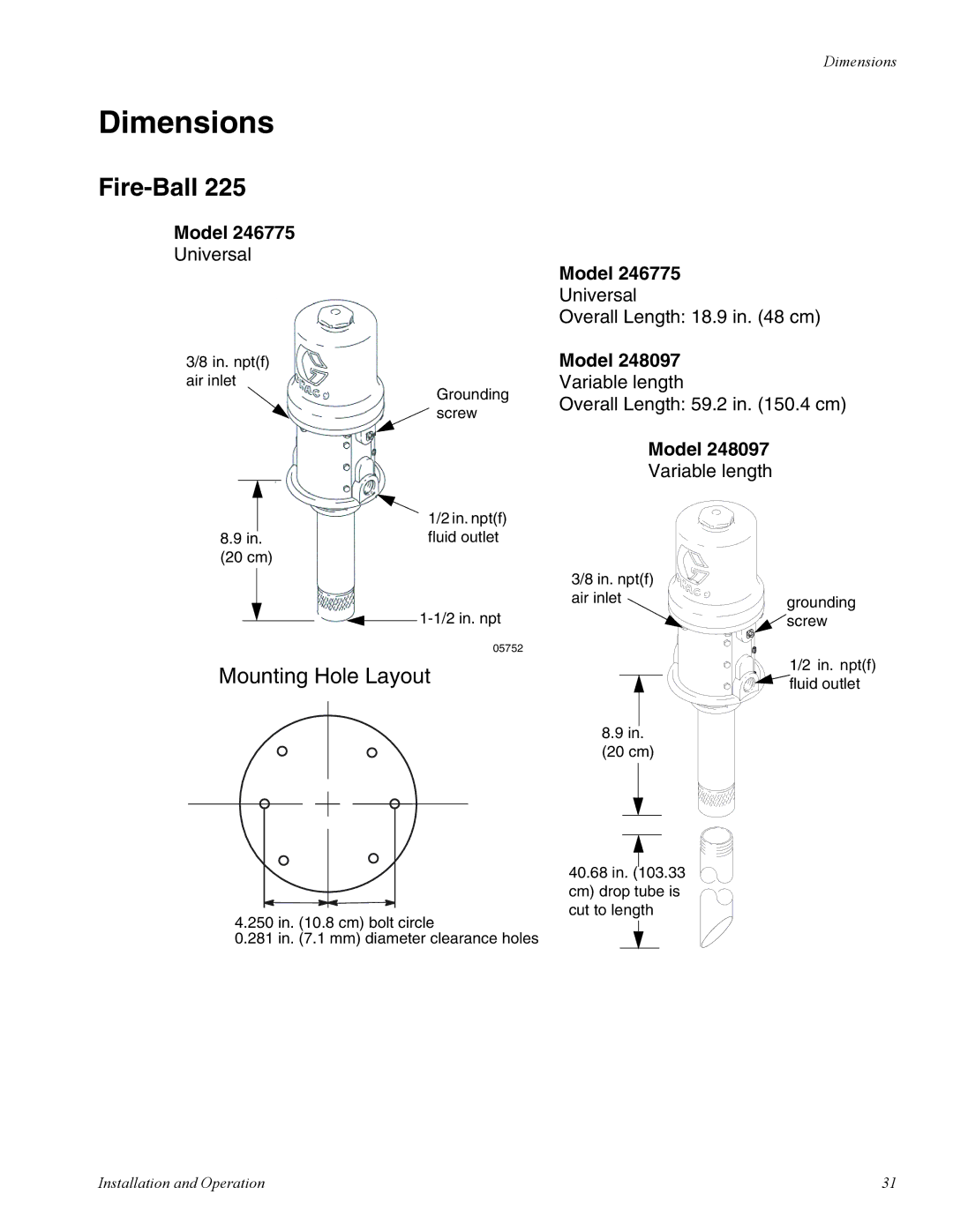 Graco 225 important safety instructions Dimensions, Fire-Ball 