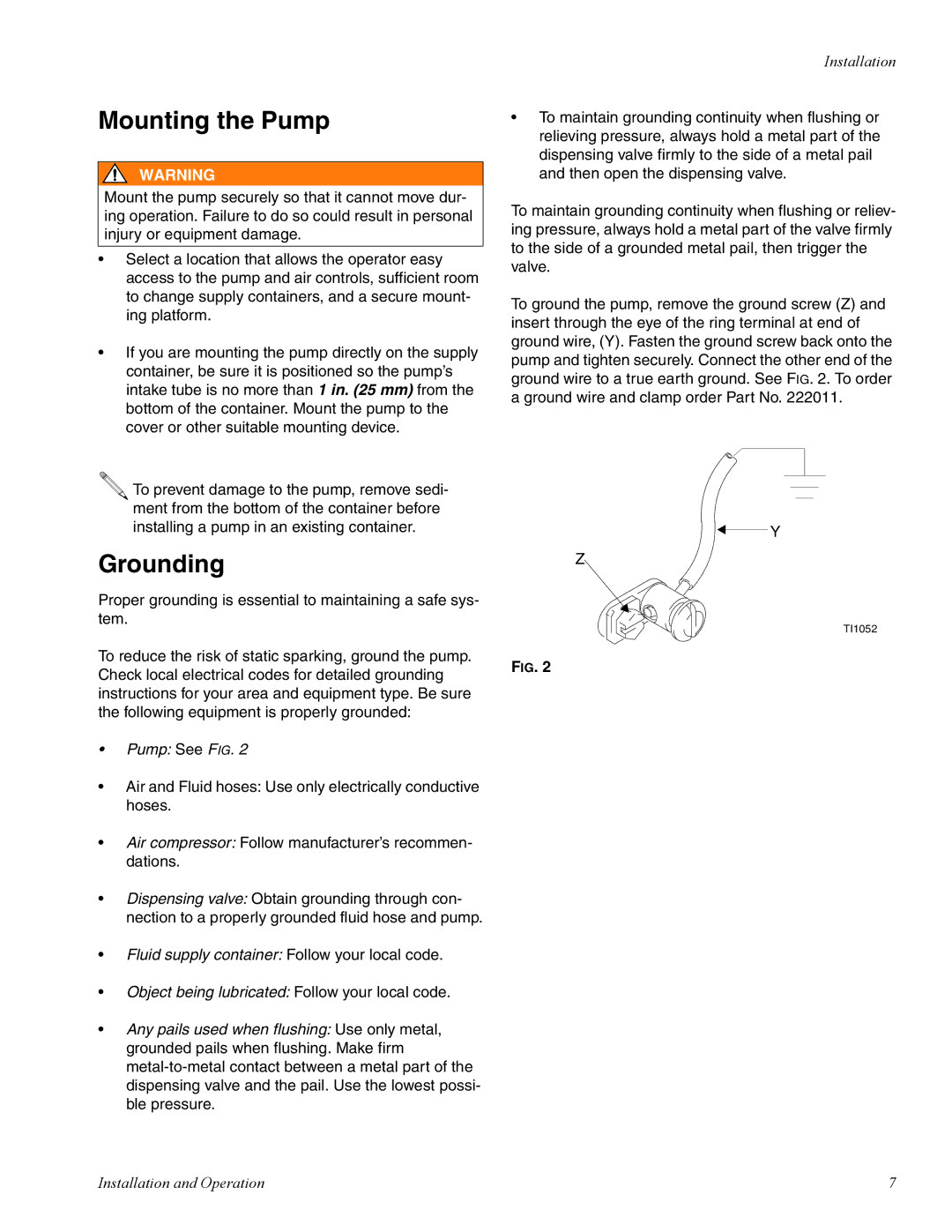 Graco 225 important safety instructions Mounting the Pump, Grounding 