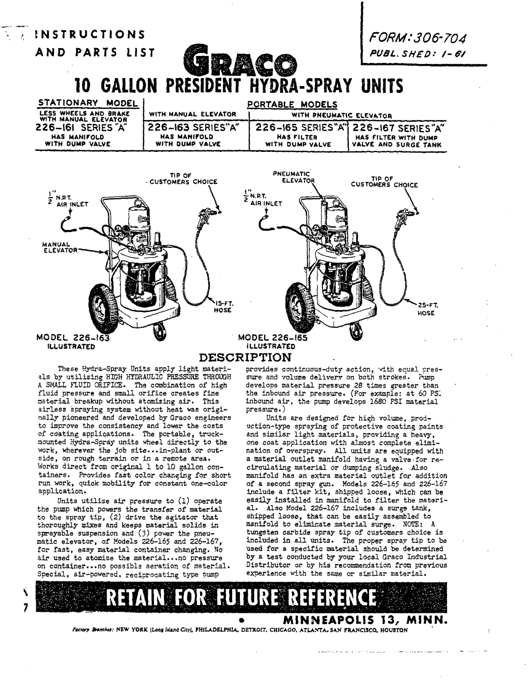 Graco 226-161 SERIESA, 226-163 SERIESA, 226-165 SERIESA, 226-167 SERIESA manual Gallon President HYDRA-SPRAYUNITS 