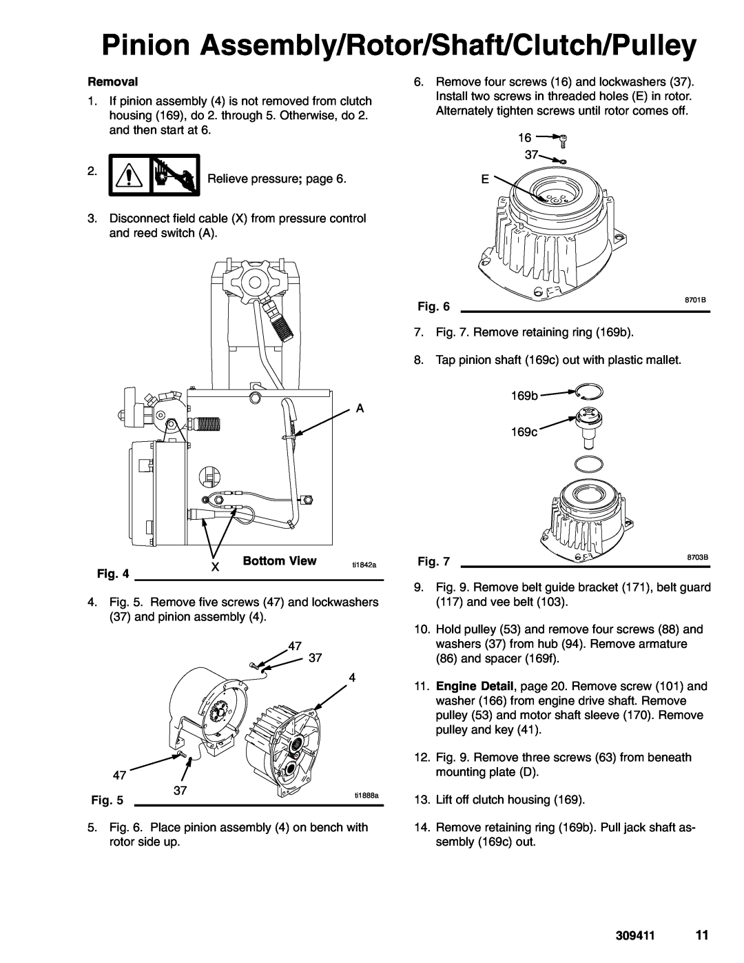 Graco 233713, 233710, 233712 manual Pinion Assembly/Rotor/Shaft/Clutch/Pulley, Bottom View, Removal, 309411, ti1842a, ti1888a 