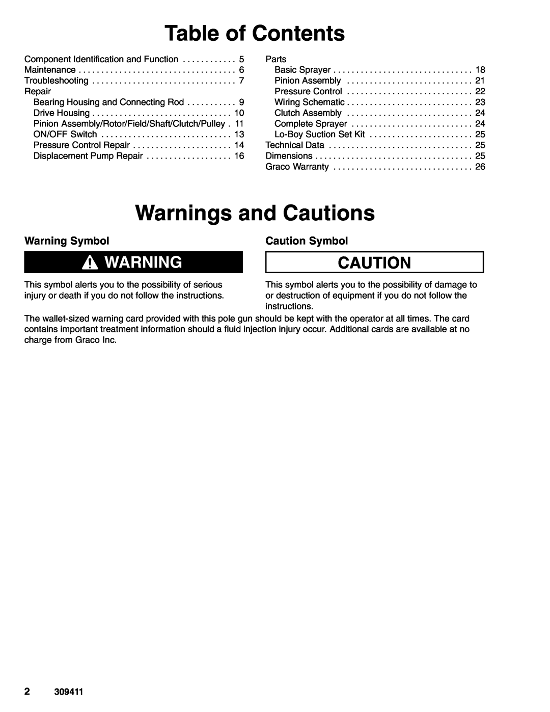 Graco 233715, 233710, 233712, 233711, 233713, 233709 Table of Contents, Warnings and Cautions, Warning Symbol, Caution Symbol 