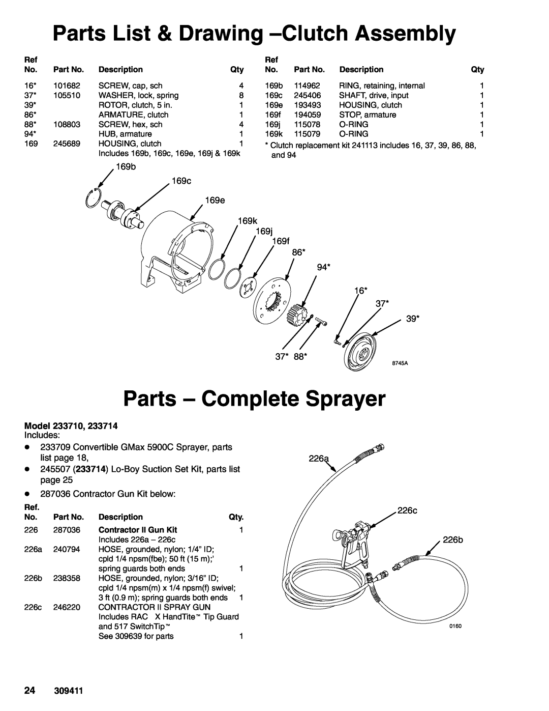 Graco 233711, 233712, 233715 Parts List & Drawing -Clutch Assembly, Parts - Complete Sprayer, Model 233710, Description 