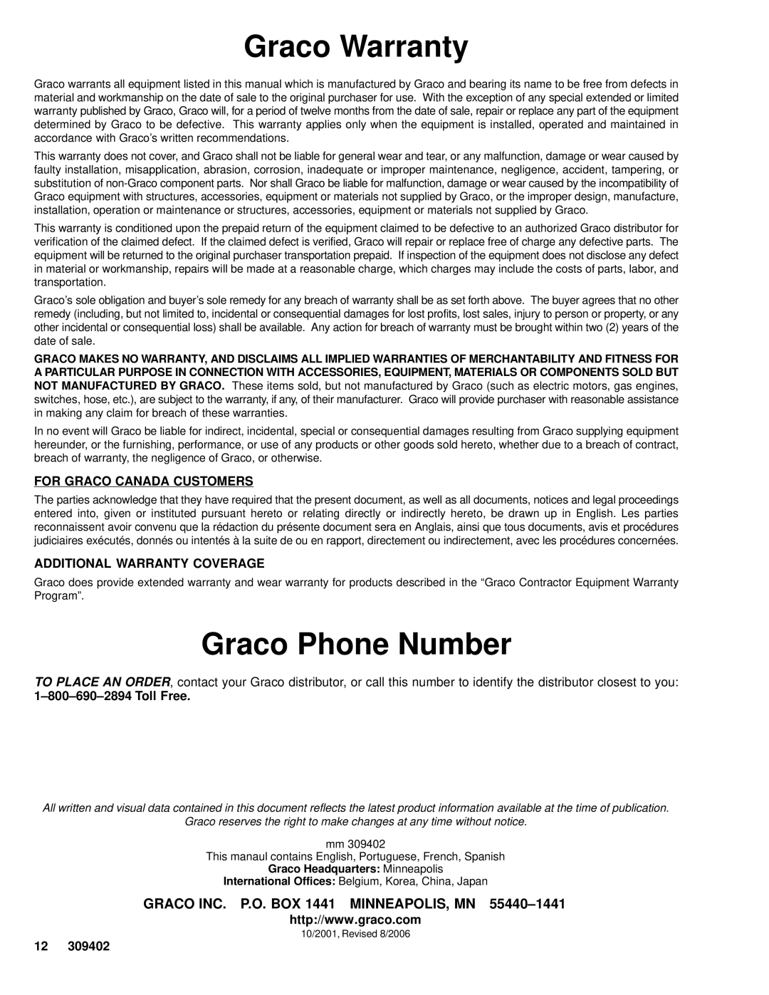 Graco 233725 manual Graco Warranty, Graco Phone Number, Toll Free 