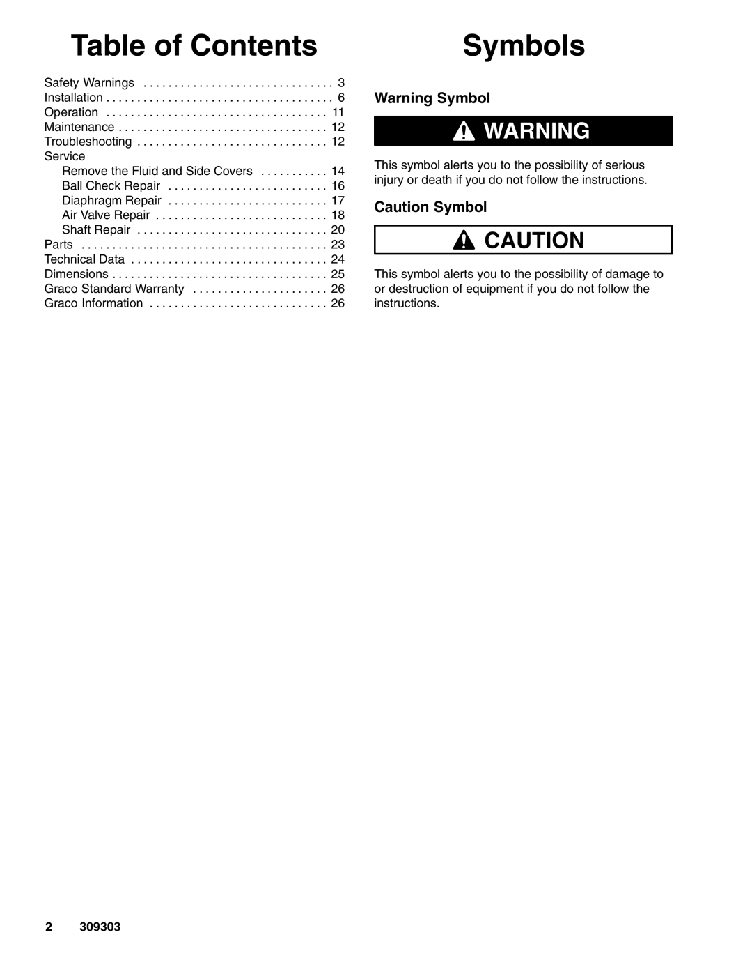 Graco 233501, 233776, 233500, 233777 important safety instructions Table of Contents, Symbols 