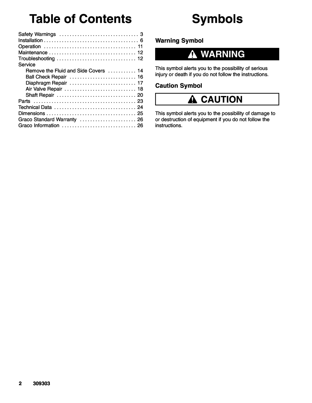 Graco 233501, 233776, 233500, 233777 important safety instructions Table of Contents, Symbols, Warning Symbol, Caution Symbol 