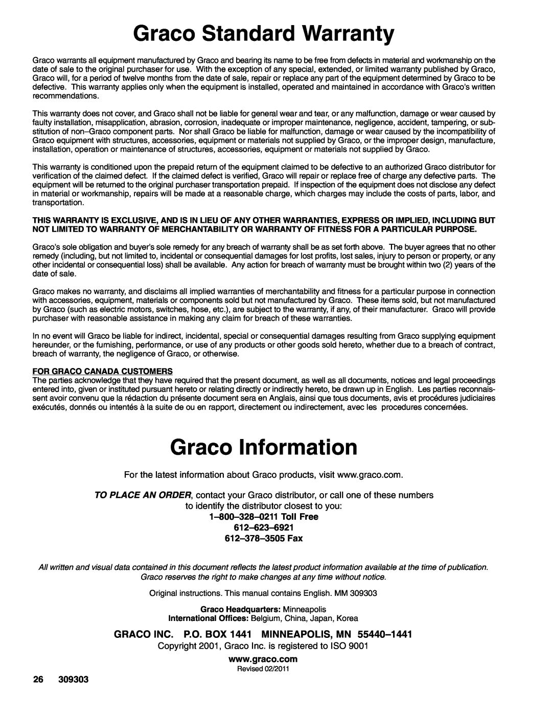 Graco 233501 Graco Standard Warranty, Graco Information, For Graco Canada Customers, Graco Headquarters Minneapolis 