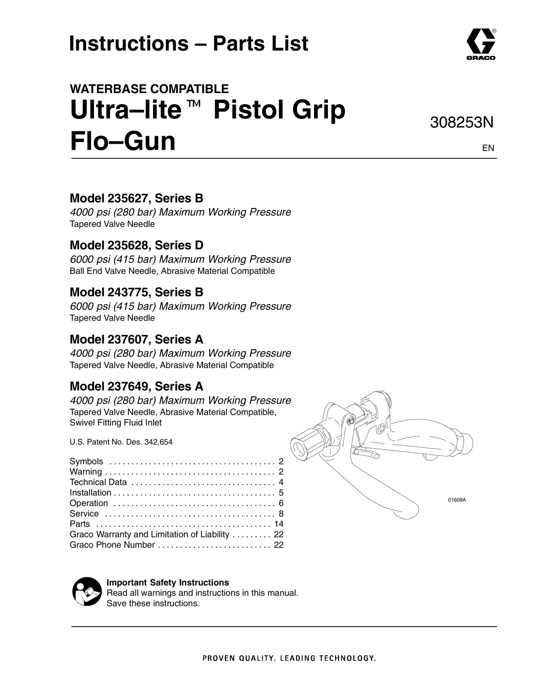 Graco 237649, 237607, 243775, 235627, 235628 warranty Instructions Parts List, Important Safety Instructions 