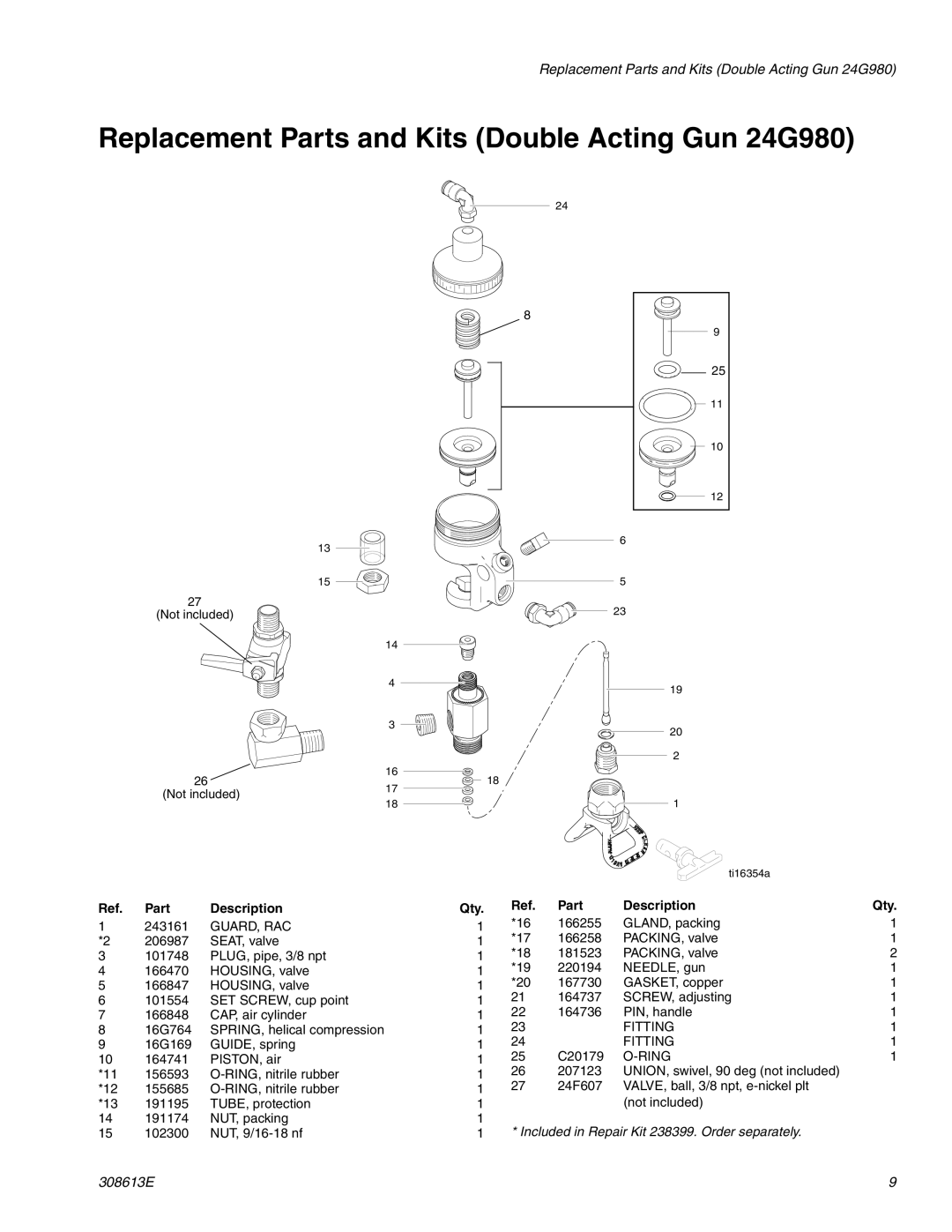 Graco 238377 important safety instructions Replacement Parts and Kits Double Acting Gun 24G980, Part Description 