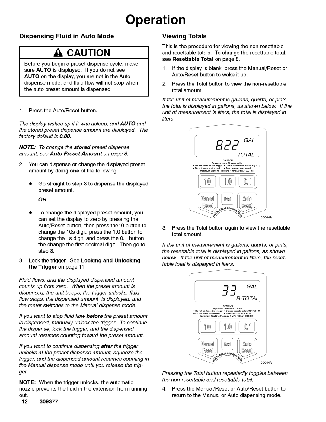 Graco 238512, 238515, 238511 important safety instructions Dispensing Fluid in Auto Mode, Viewing Totals 