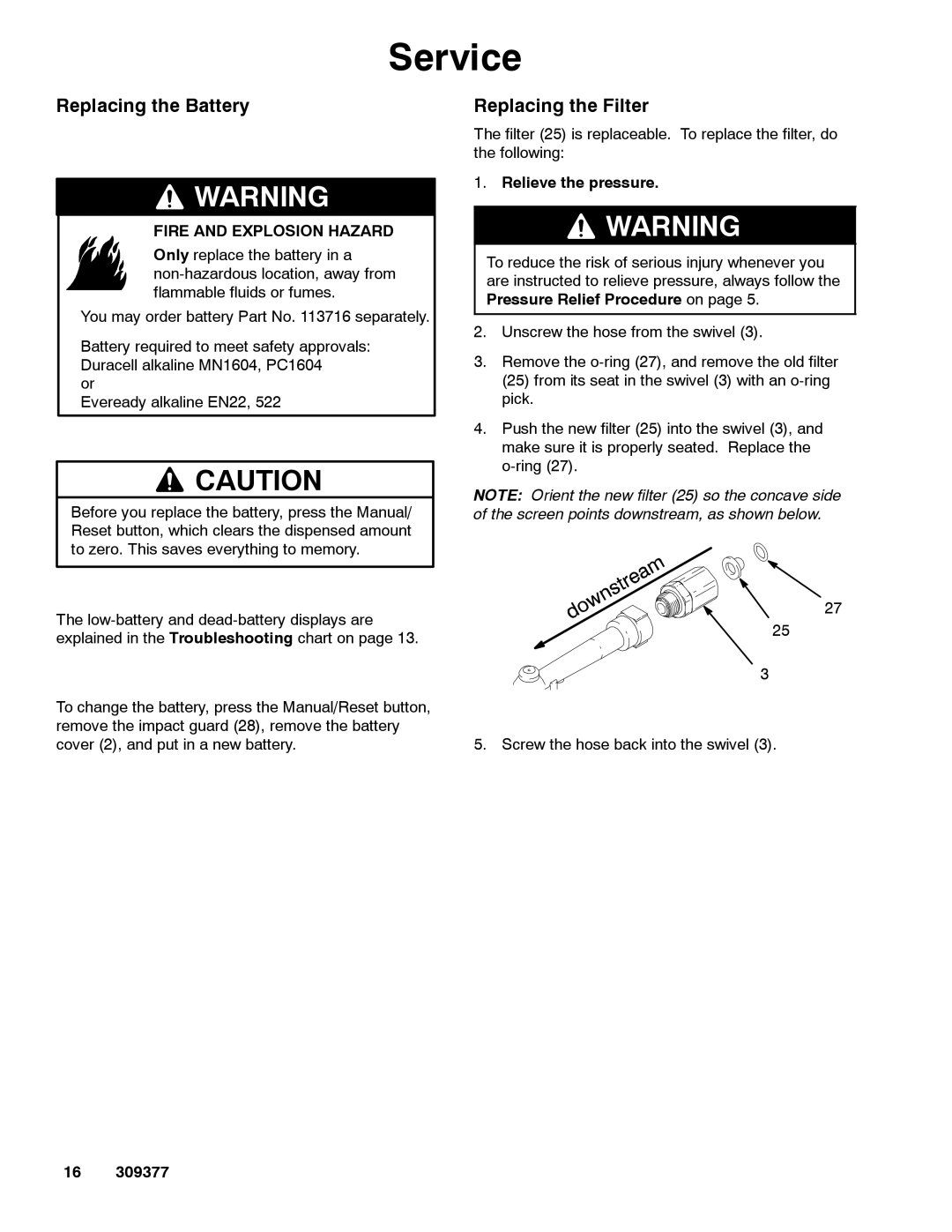 Graco 238515, 238512, 238511 important safety instructions Service, Replacing the Battery, Replacing the Filter 