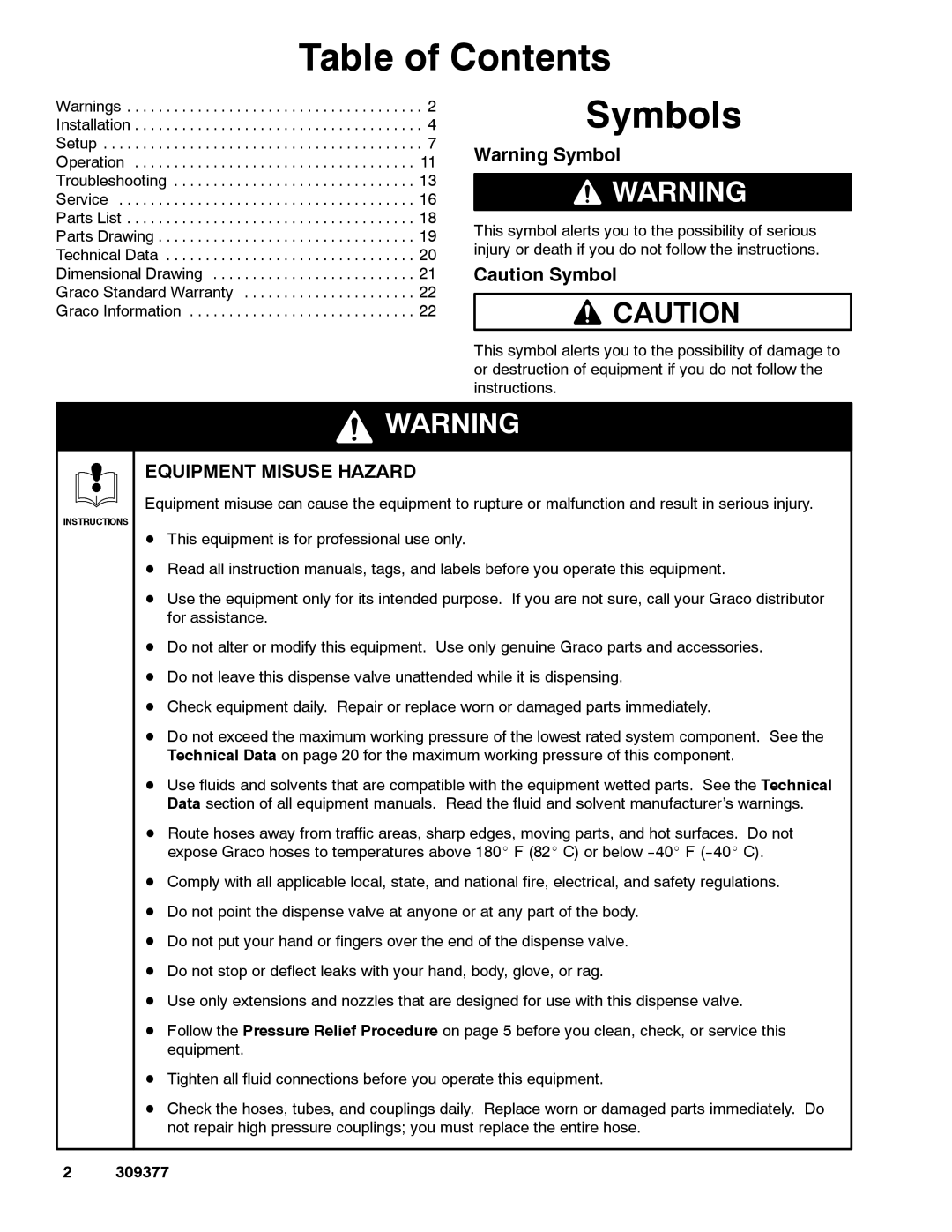 Graco 238511, 238512, 238515 important safety instructions Table of Contents, Symbols 