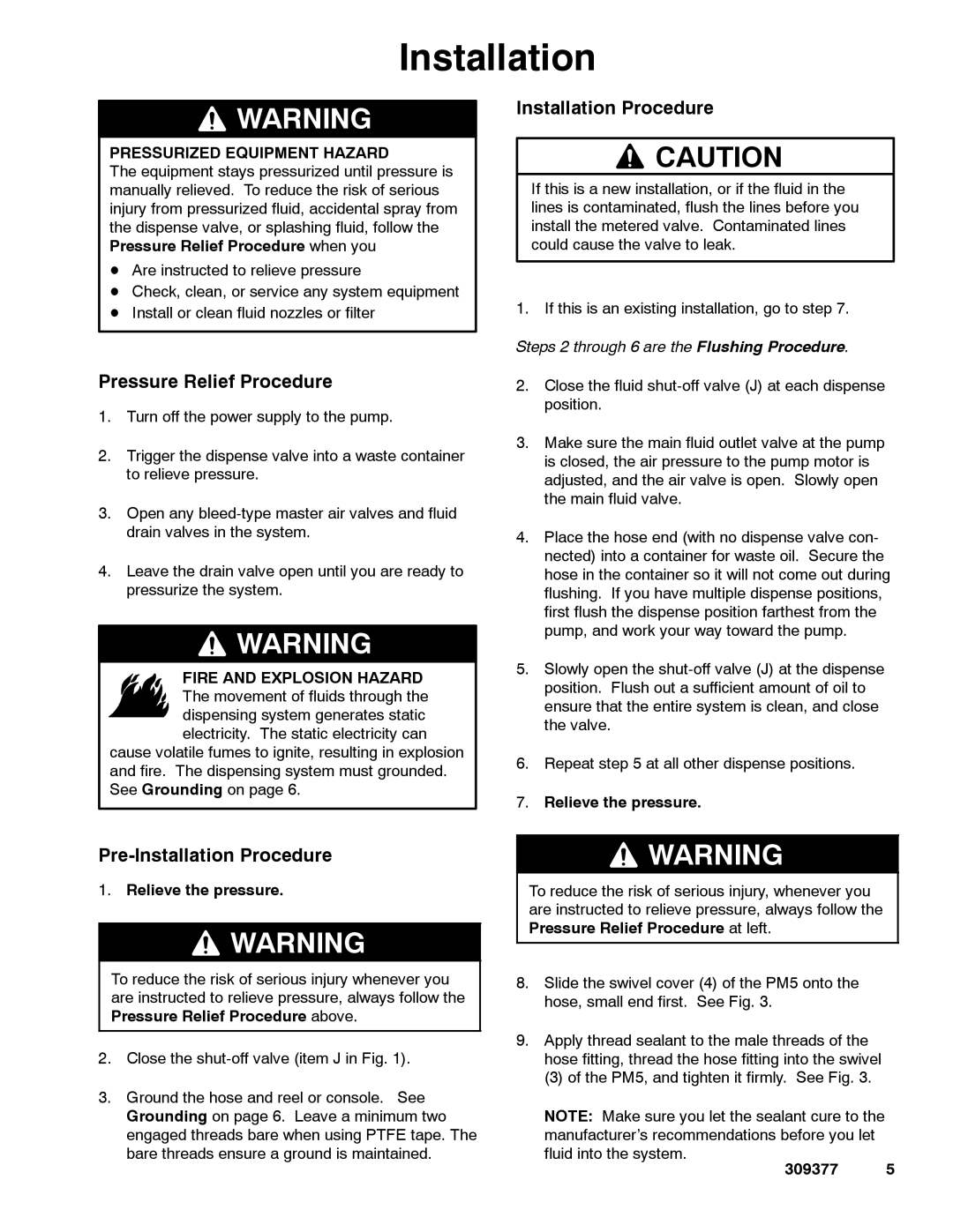 Graco 238511 Pressure Relief Procedure, Pre-Installation Procedure, Steps 2 through 6 are the Flushing Procedure 