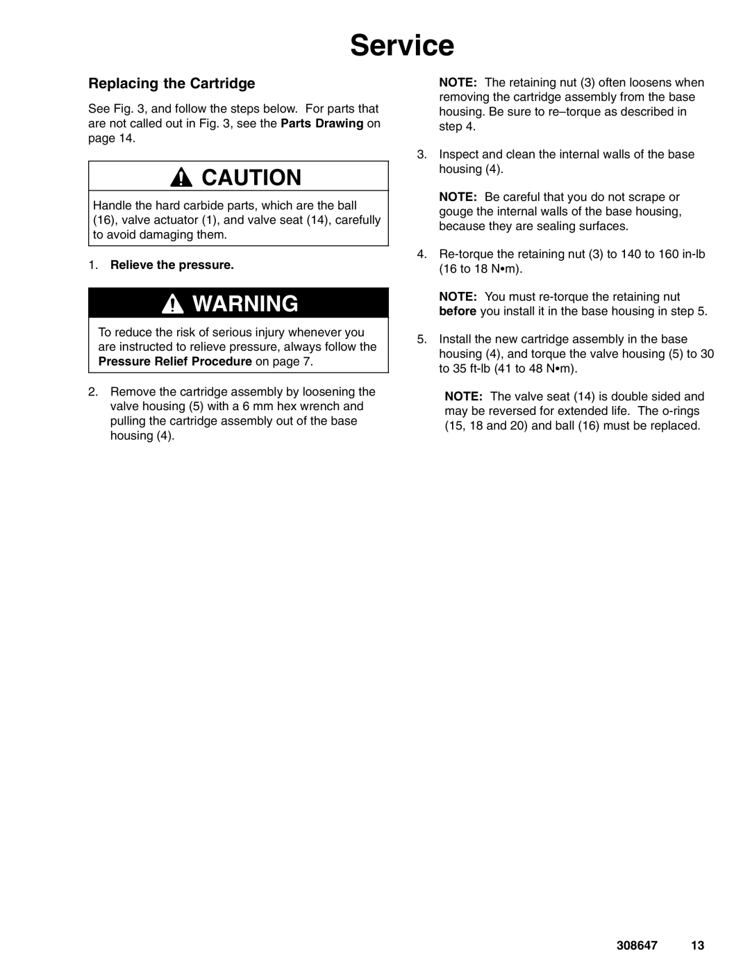 Graco 238894, 238892, 238890 important safety instructions Replacing the Cartridge 