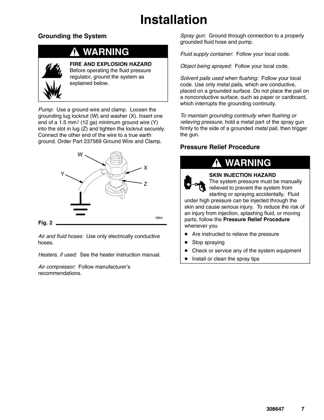 Graco 238894, 238892, 238890 important safety instructions Grounding the System, Pressure Relief Procedure 