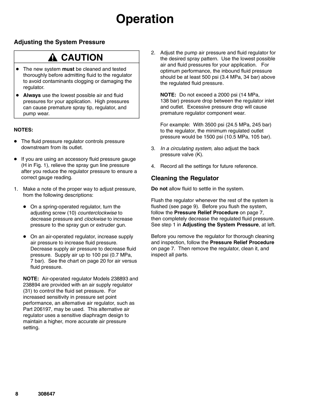 Graco 238890, 238892, 238894 important safety instructions Operation, Adjusting the System Pressure, Cleaning the Regulator 