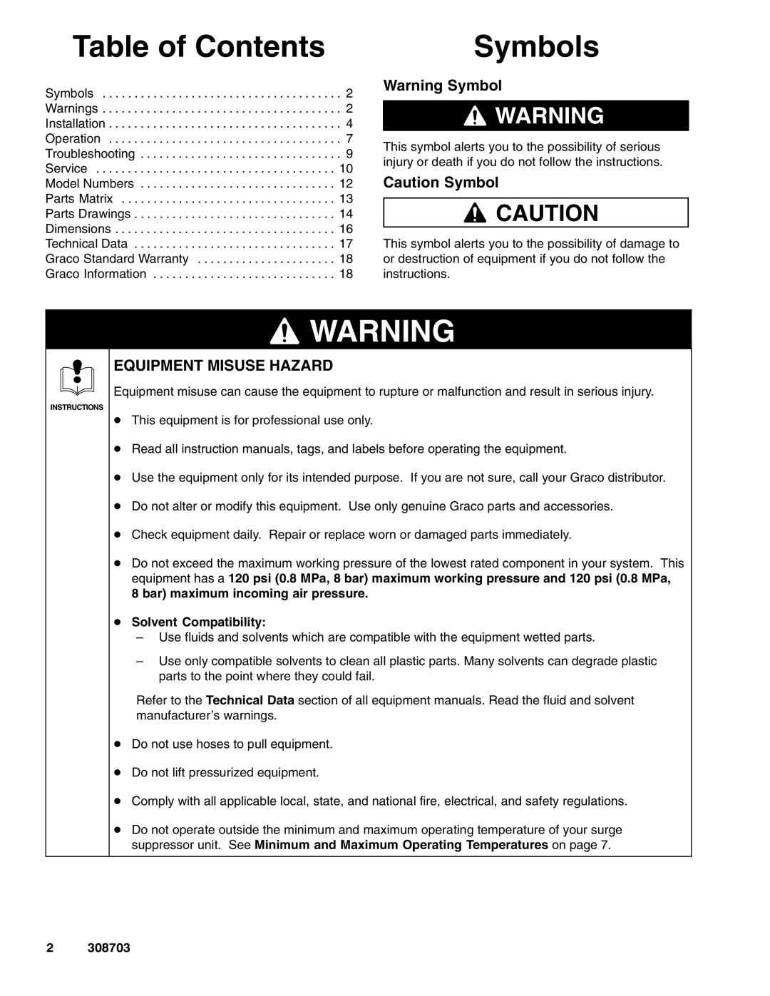 Graco 239088, 239126, 239096, 239095, 239091 important safety instructions Table of Contents, Symbols 