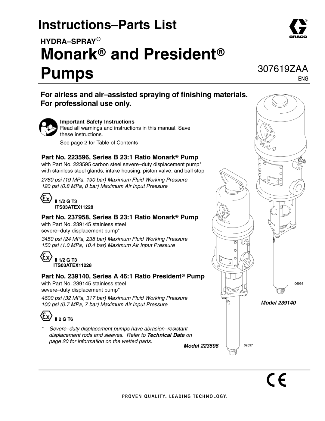 Graco 223596, 239140 important safety instructions Instructions-Parts List, Part No , Series B 231 Ratio Monarkr Pump 