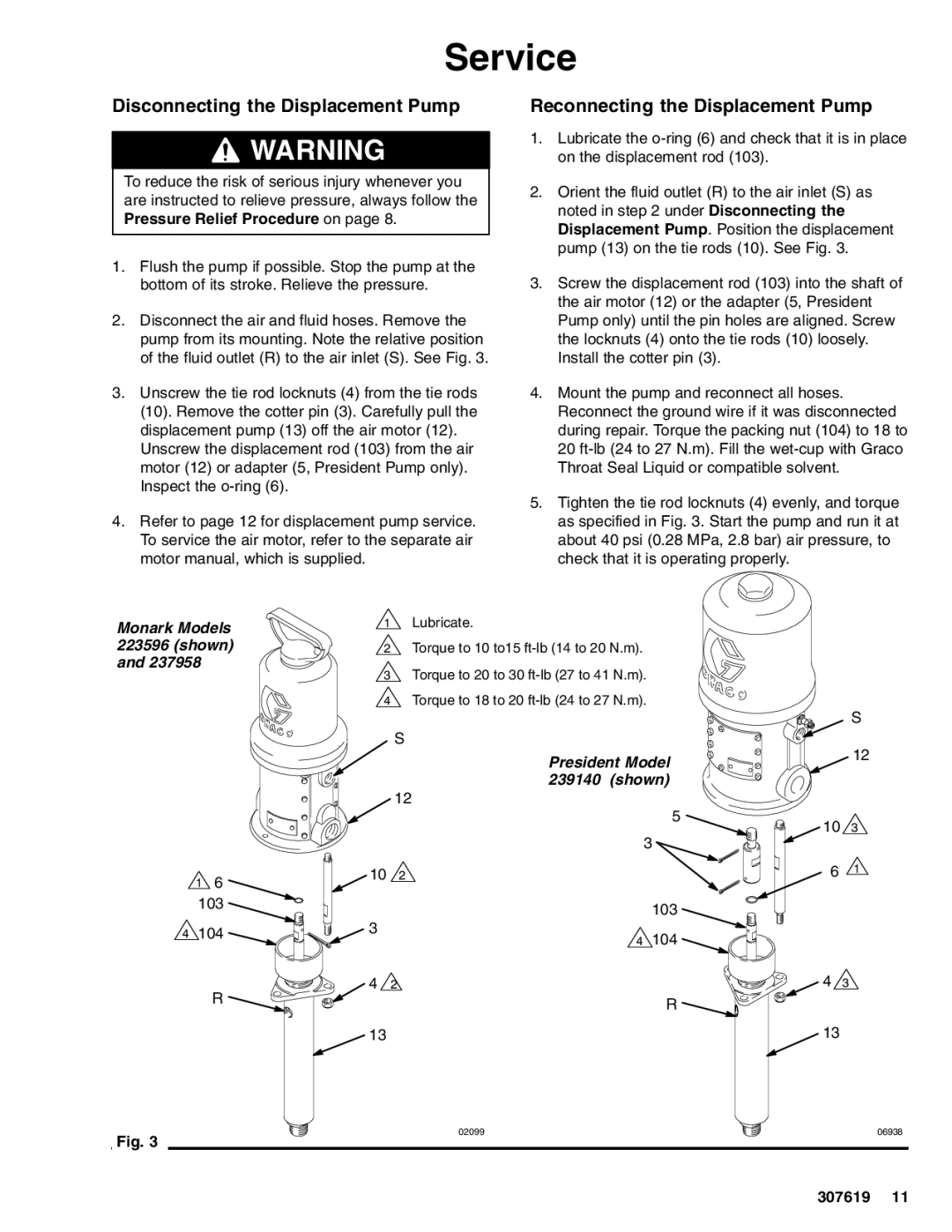 Graco 223596, 239140 Service, Disconnecting the Displacement Pump, Reconnecting the Displacement Pump 