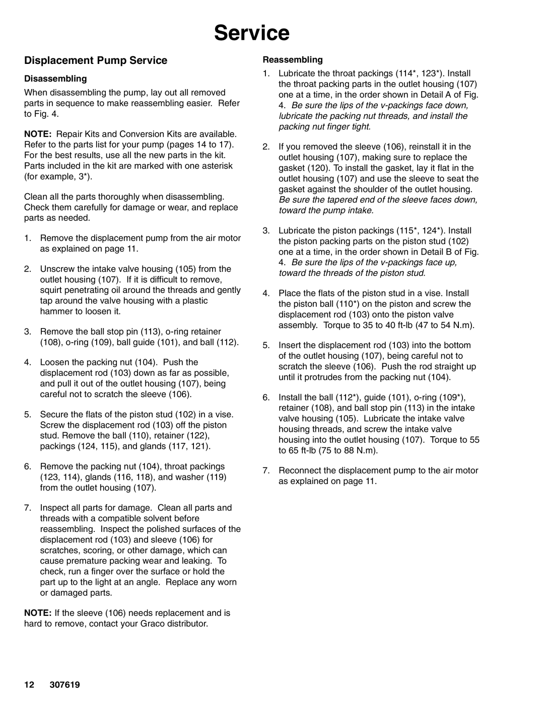 Graco 239140, 223596 important safety instructions Displacement Pump Service, Disassembling, Reassembling 