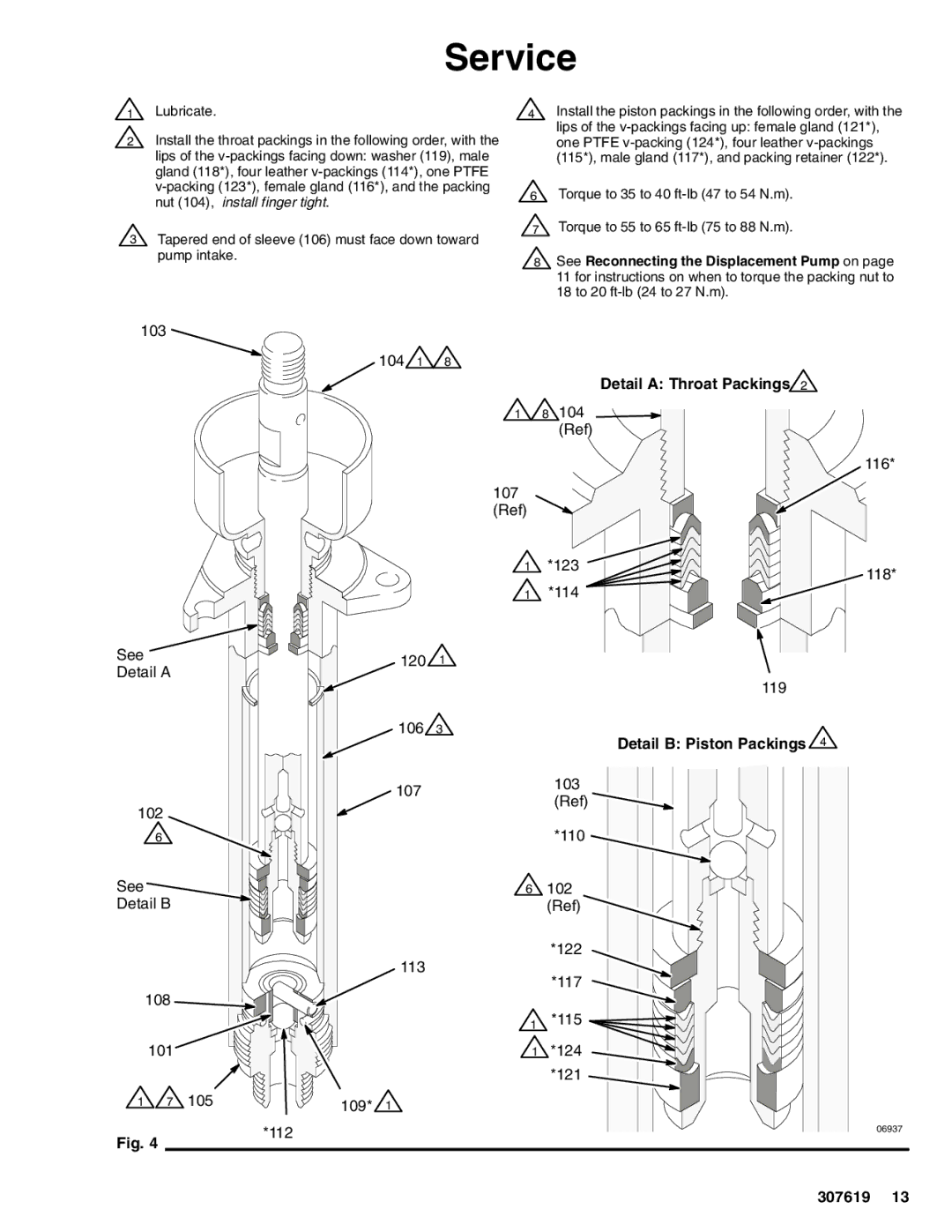 Graco 223596, 239140 important safety instructions Detail a Throat Packings, Detail B Piston Packings 