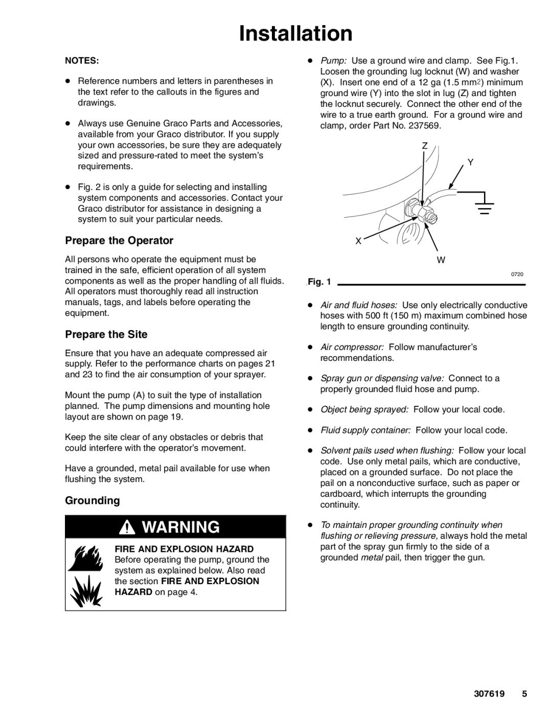 Graco 223596, 239140 important safety instructions Installation, Prepare the Operator Prepare the Site, Grounding 