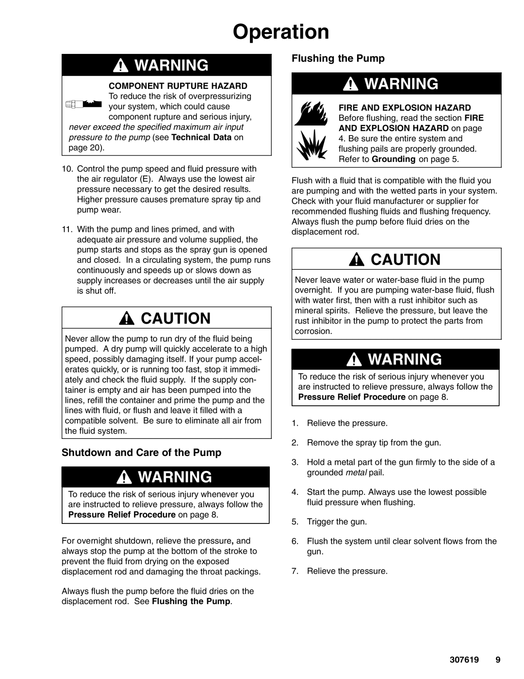 Graco 223596, 239140 important safety instructions Shutdown and Care of the Pump, Flushing the Pump, Explosion Hazard on 