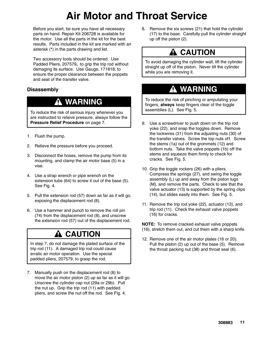 Graco 239887, 239877, 239888 warranty Air Motor and Throat Service, Disassembly 