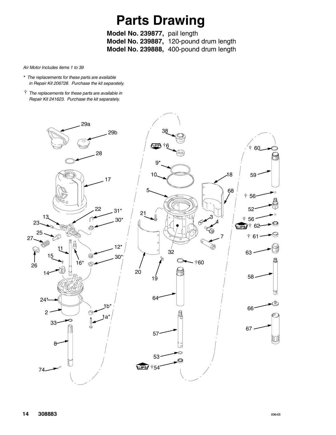 Graco 239887, 239877, 239888 warranty Parts Drawing, Model No , pail length 