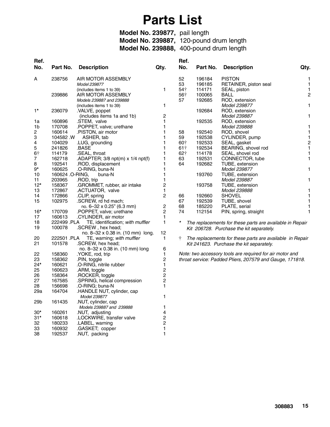 Graco 239877, 239888, 239887 warranty Parts List, Part No. Description Qty 