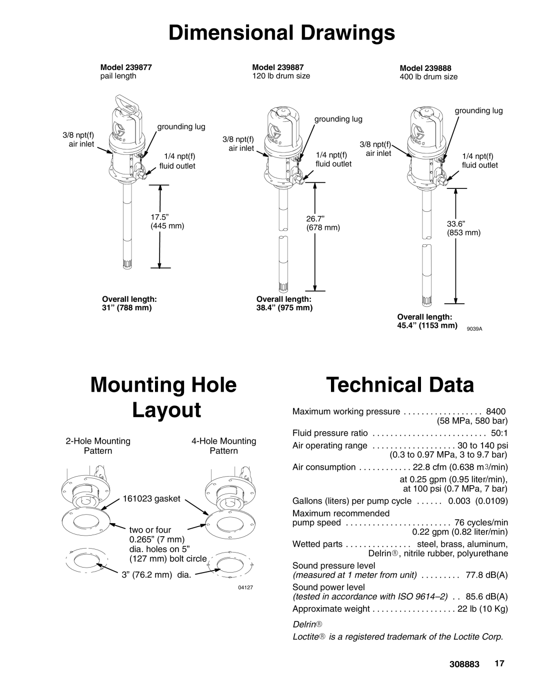 Graco 239887, 239877, 239888 warranty Dimensional Drawings, Mounting Hole Layout, Technical Data 