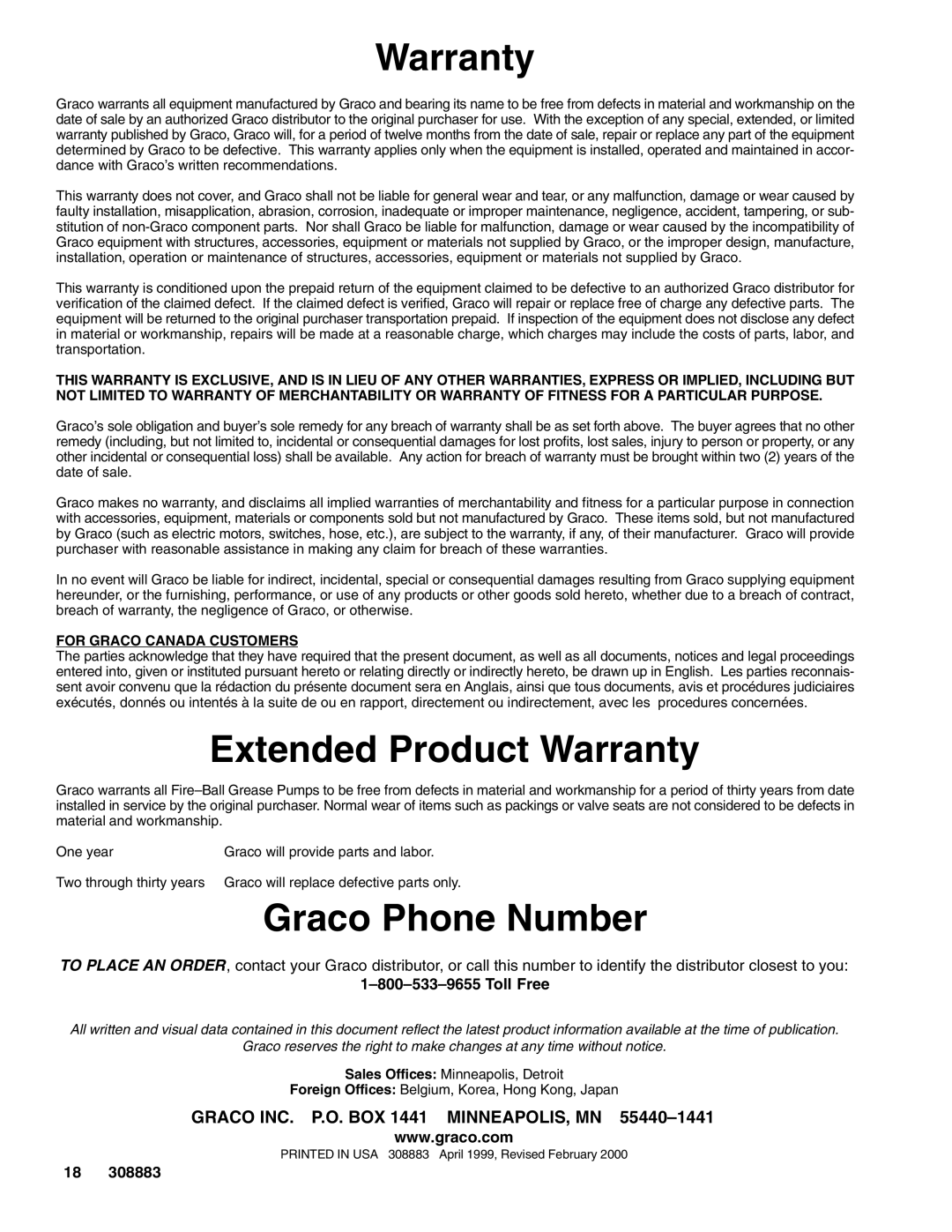 Graco 239877, 239888, 239887 warranty Extended Product Warranty, Graco Phone Number, Toll Free 