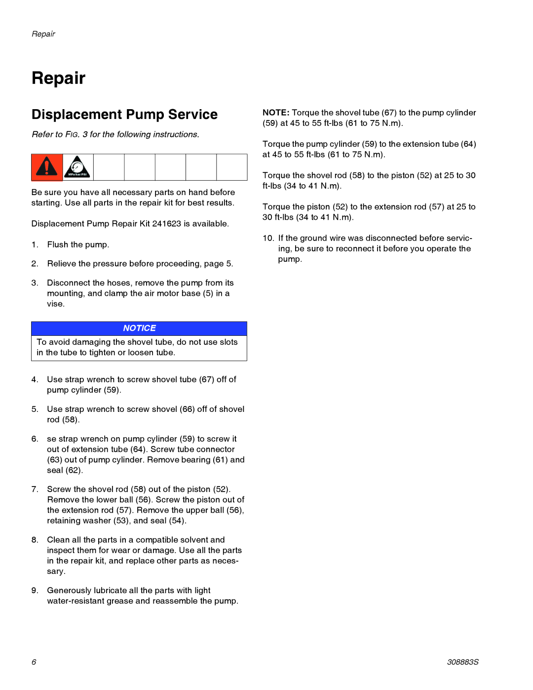 Graco 239888 Series D, 239887 Series D, 239877 Series D important safety instructions Repair, Displacement Pump Service 