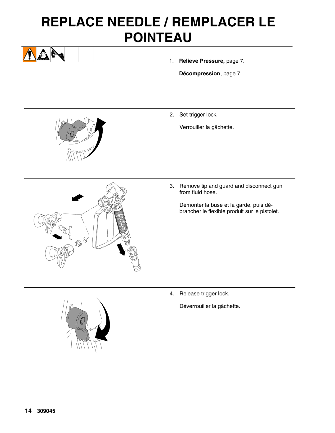 Graco 243382, 243011, 246506, 243238, 243012 important safety instructions Replace Needle / Remplacer LE Pointeau 