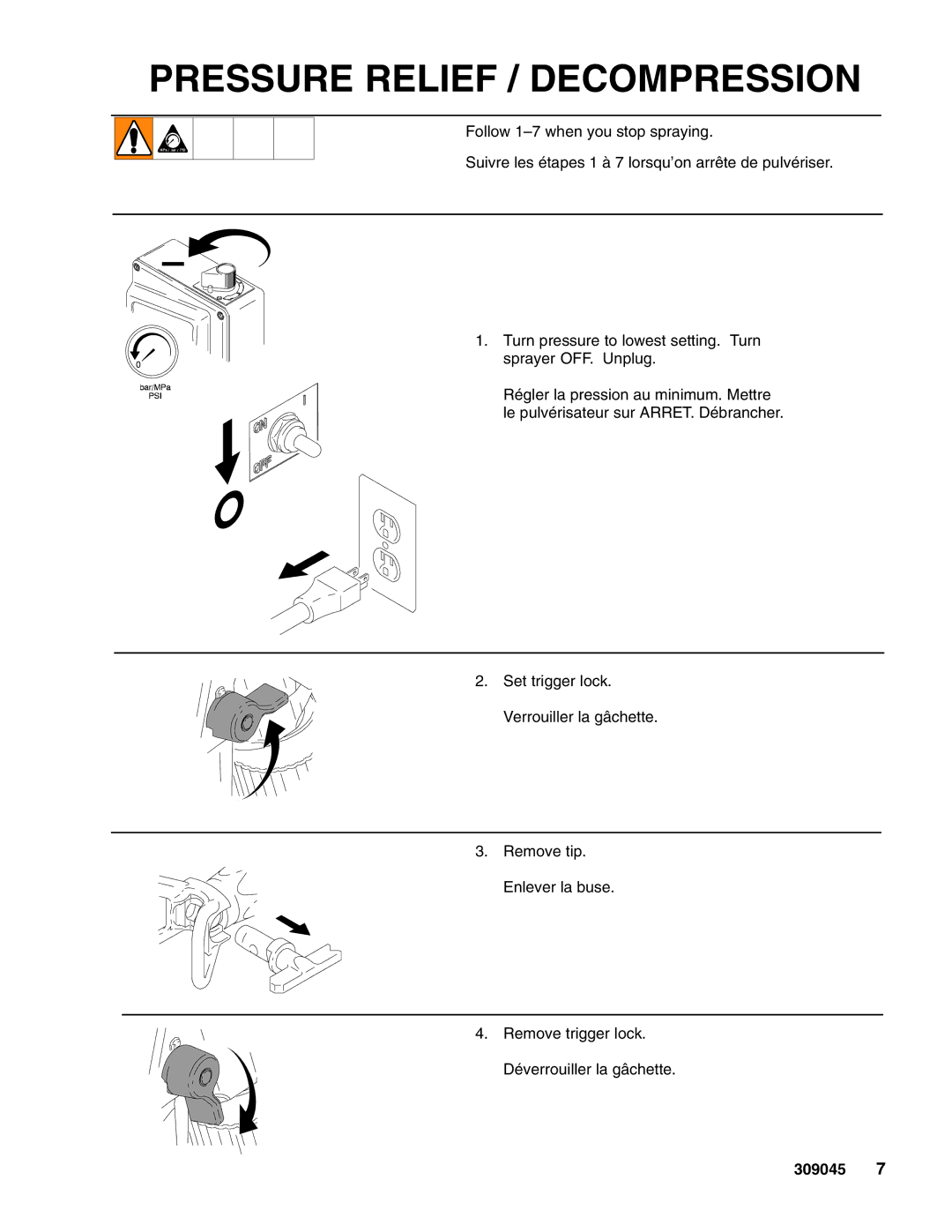 Graco 243238, 243011, 246506, 243012, 243382 important safety instructions Pressure Relief / Decompression 