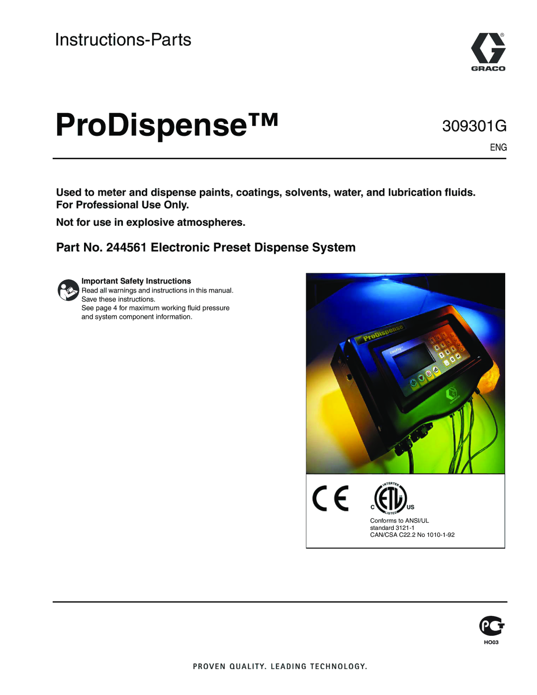 Graco 244561 important safety instructions ProDispense 309301G, Part No Electronic Preset Dispense System 