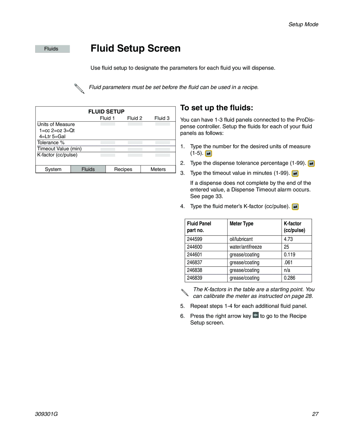 Graco 244561 important safety instructions Fluid Setup Screen, To set up the fluids, Fluid Panel Meter Type Factor Cc/pulse 