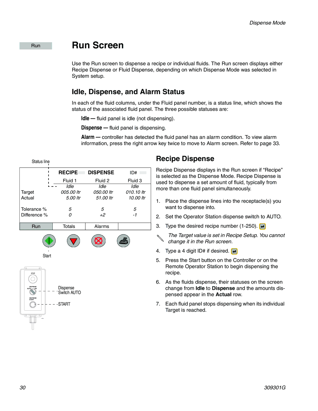 Graco 244561 important safety instructions Run Screen, Idle, Dispense, and Alarm Status, Recipe Dispense 