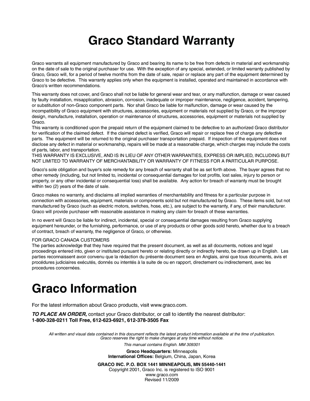 Graco 244561 Graco Standard Warranty, Graco Information, Toll Free, 612-623-6921, 612-378-3505 Fax 