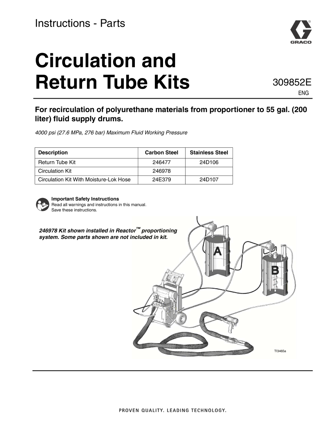 Graco 24E379, 246978, 24D107, 246477, 24D106 important safety instructions 309852E, Description Carbon Steel Stainless Steel 