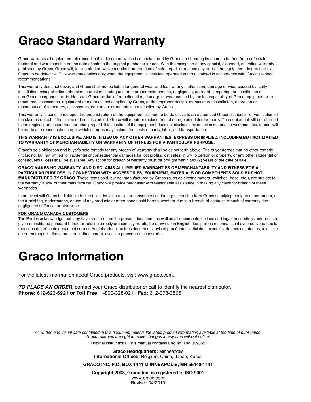 Graco 24D106, 246978, 24E379, 24D107, 246477 important safety instructions Graco Standard Warranty, Graco Information 