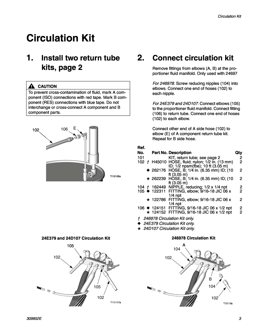 Graco 246477, 246978 Circulation Kit, Install two return tube kits, page, Connect circulation kit, Part No. Description 