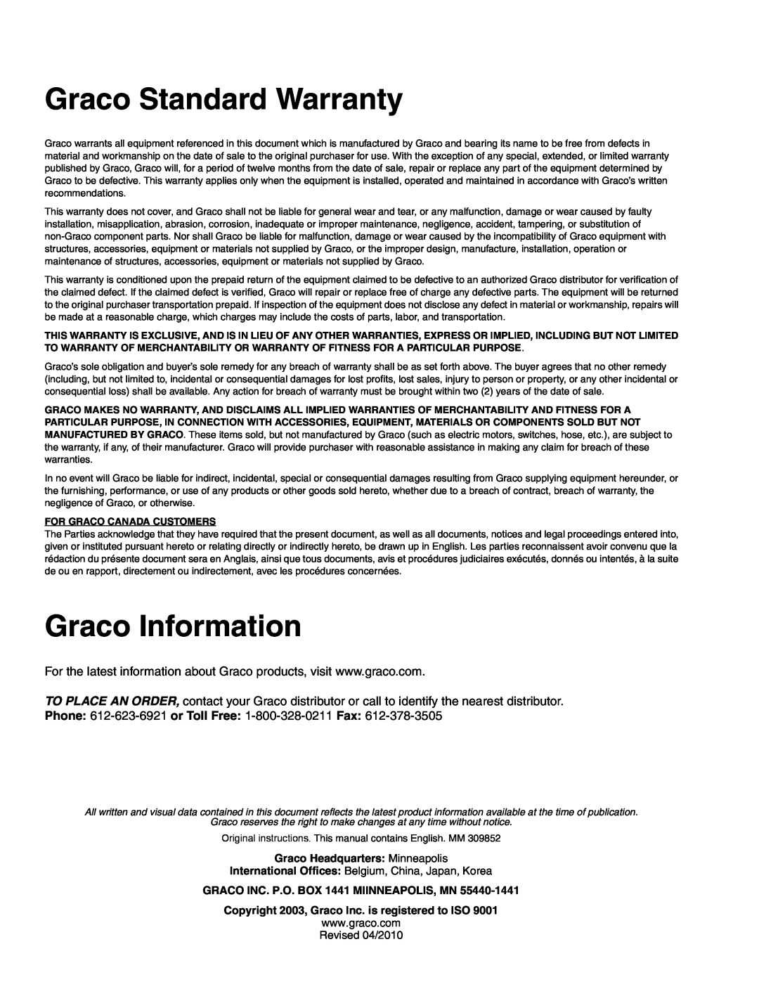 Graco 24D106, 246978, 24E379 Graco Standard Warranty, Graco Information, Graco Headquarters Minneapolis, Revised 04/2010 