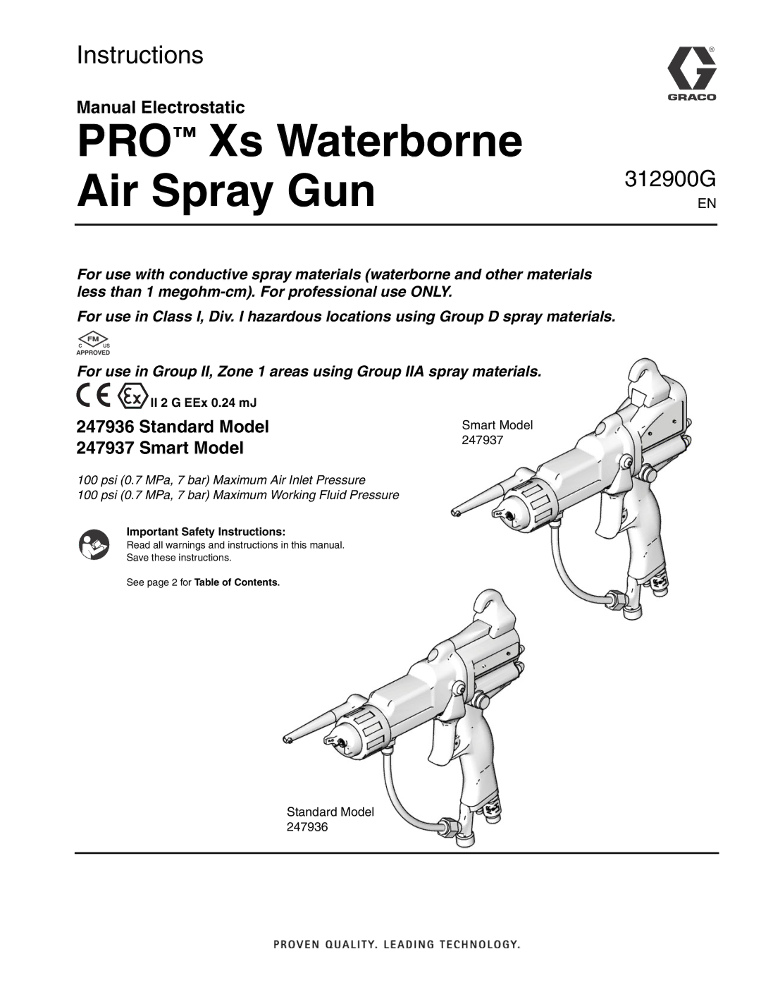 Graco 247936, 247937 important safety instructions PRO Xs Waterborne Air Spray Gun, II 2 G EEx 0.24 mJ 