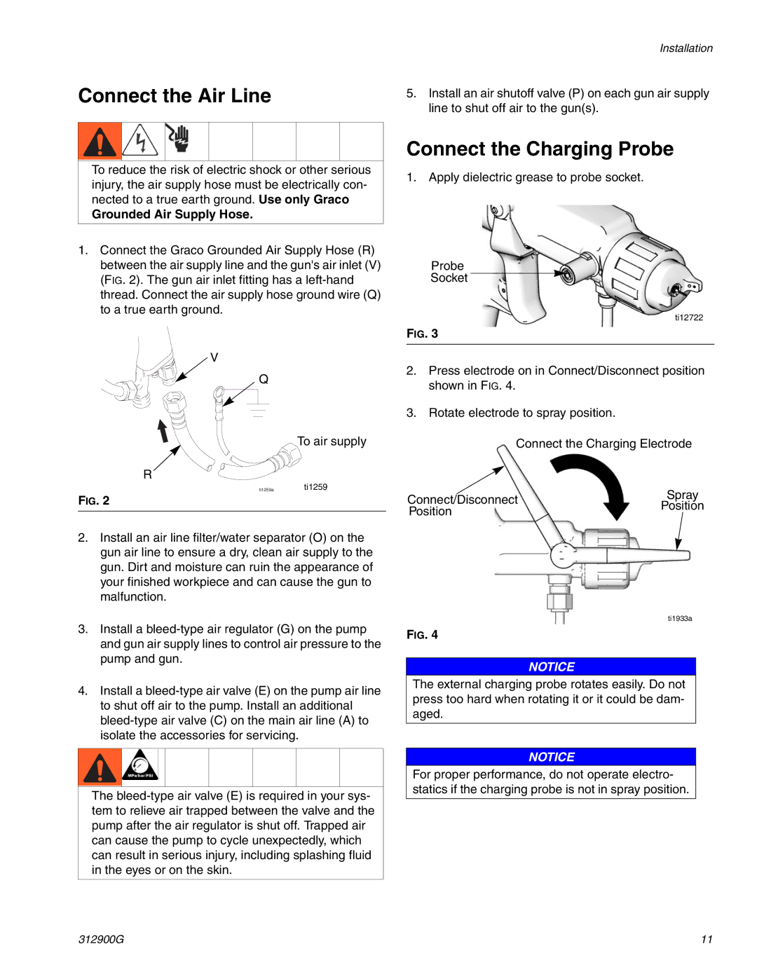 Graco 247936, 247937 Connect the Air Line, Connect the Charging Probe, Grounded Air Supply Hose 