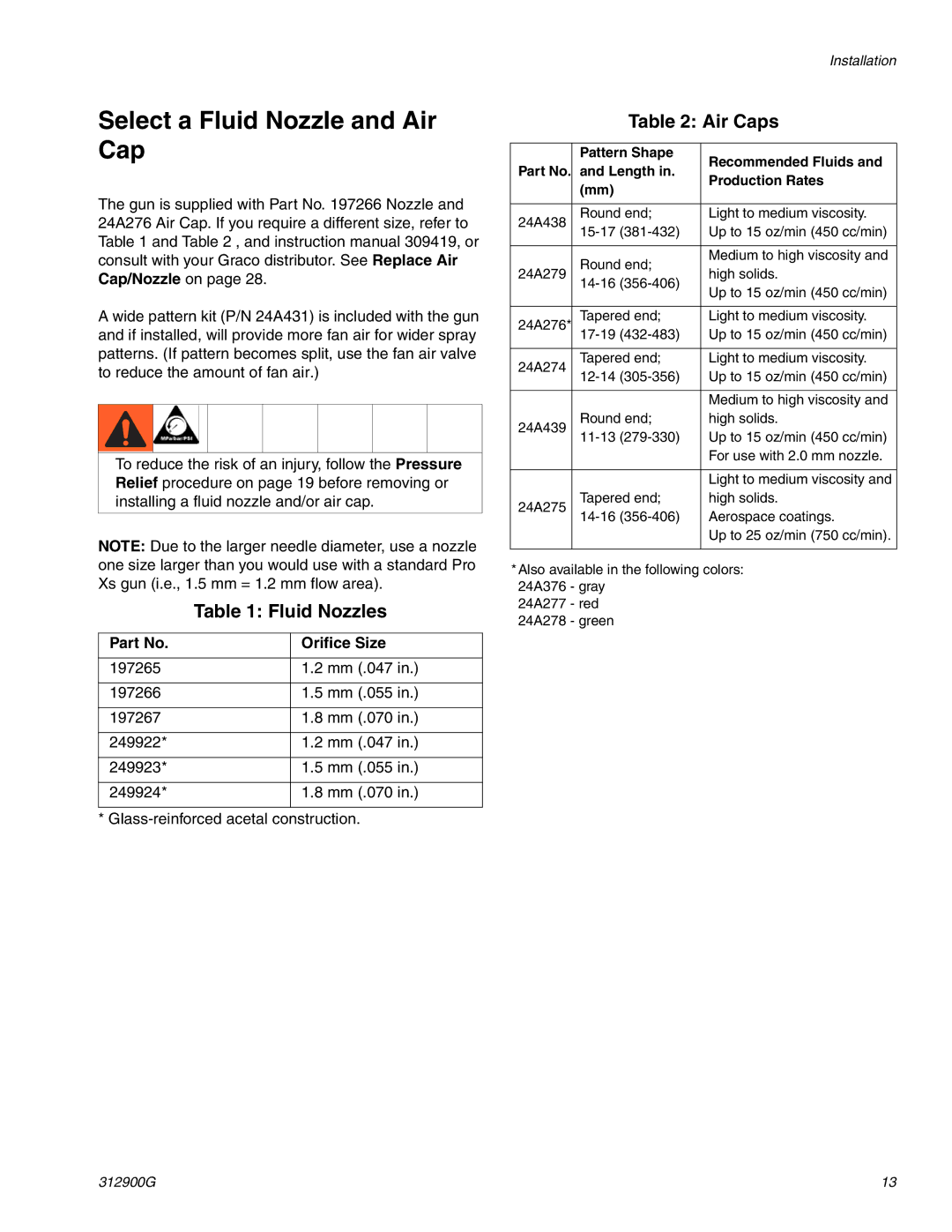 Graco 247936, 247937 important safety instructions Select a Fluid Nozzle and Air Cap, Orifice Size 