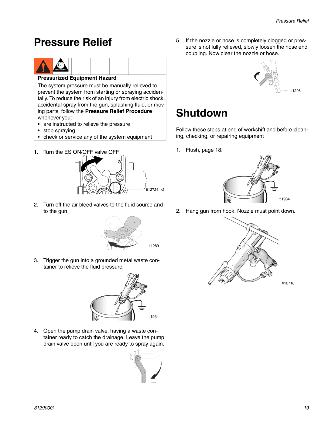 Graco 247936, 247937 important safety instructions Pressure Relief, Shutdown, Pressurized Equipment Hazard 