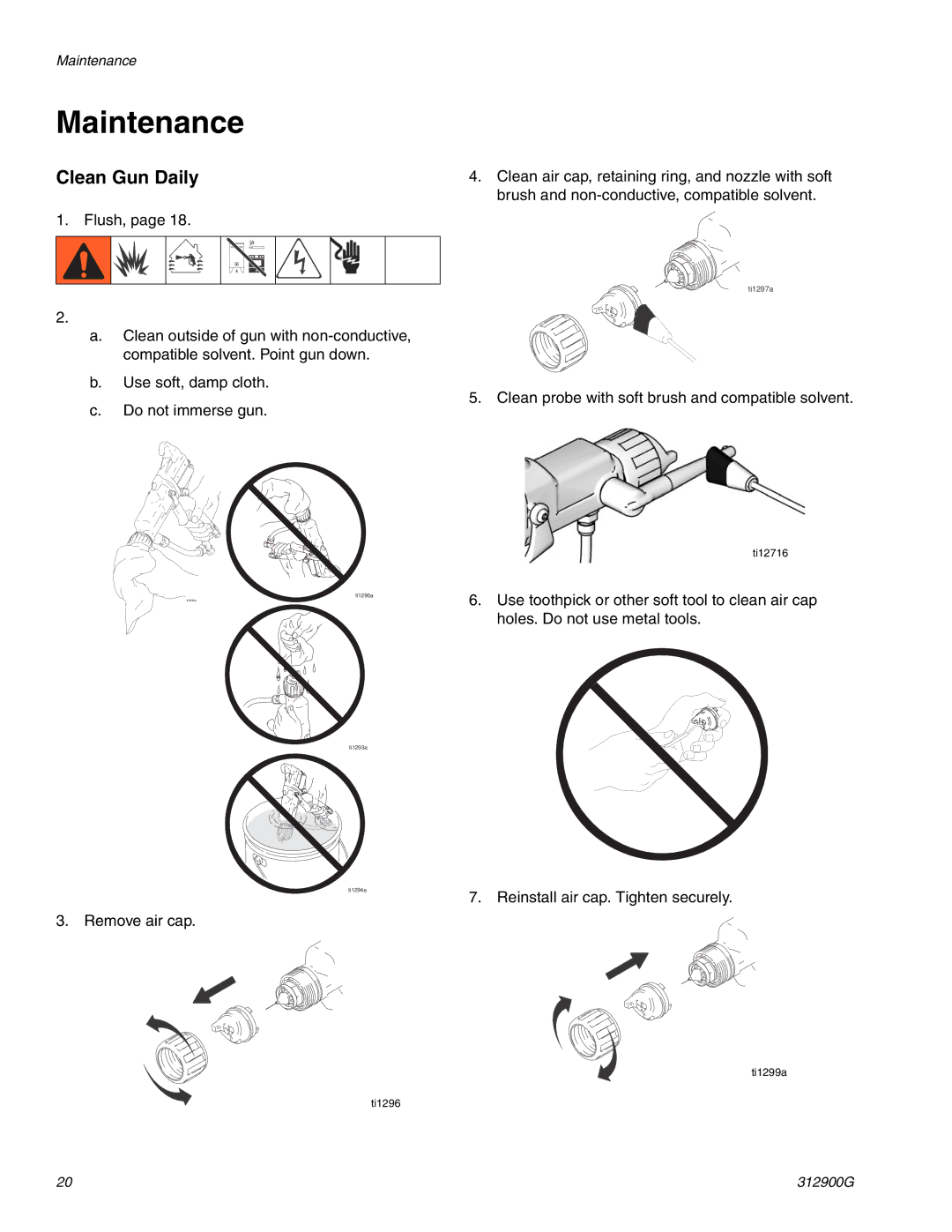 Graco 247937, 247936 important safety instructions Maintenance, Clean Gun Daily 