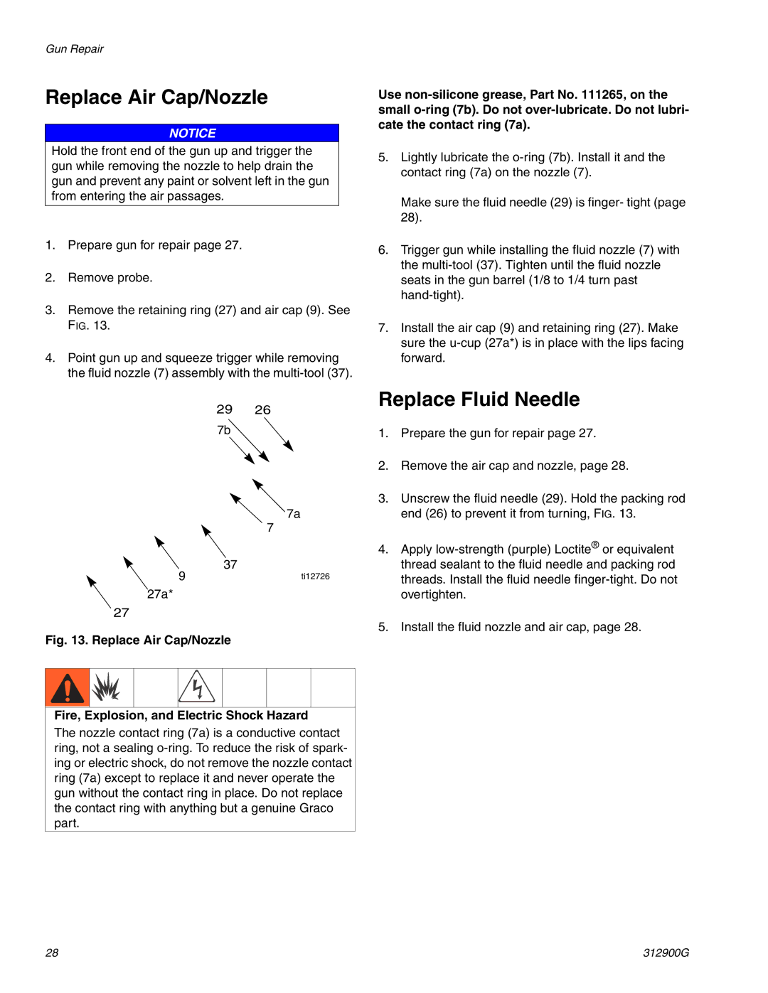 Graco 247937, 247936 important safety instructions Replace Air Cap/Nozzle, Replace Fluid Needle 