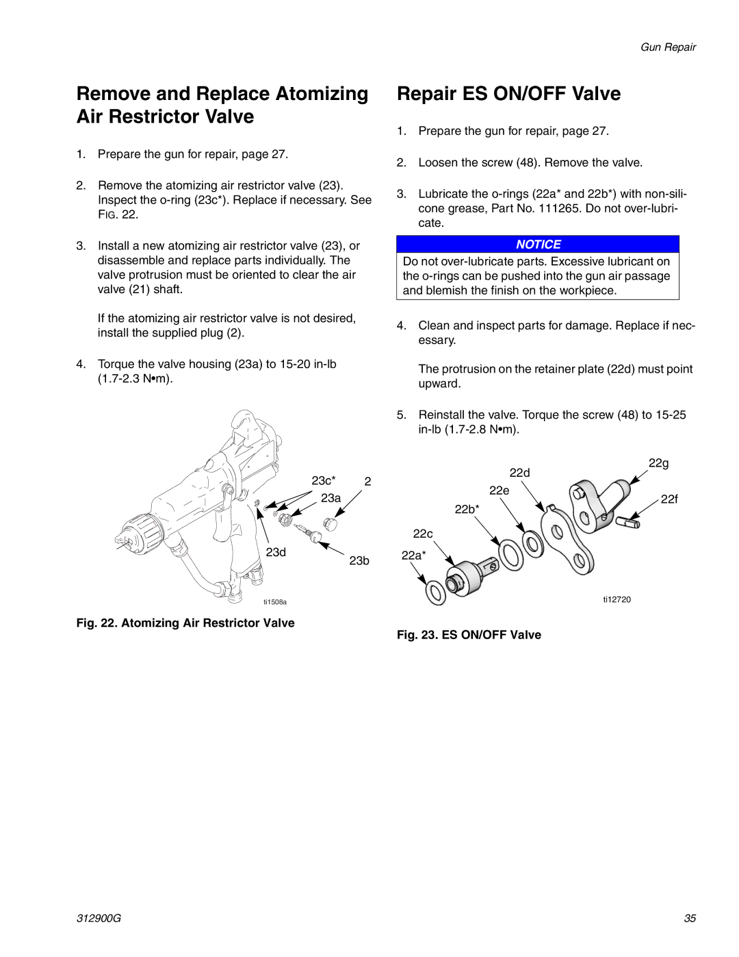 Graco 247936, 247937 important safety instructions Remove and Replace Atomizing Air Restrictor Valve, Repair ES ON/OFF Valve 