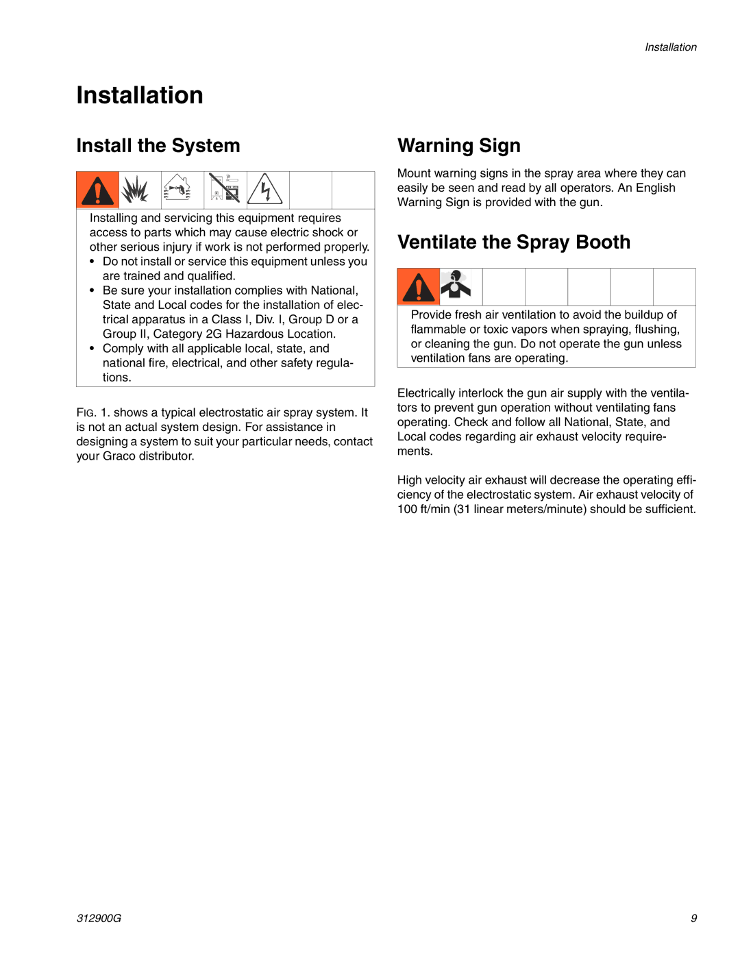 Graco 247936, 247937 important safety instructions Installation, Install the System, Ventilate the Spray Booth 